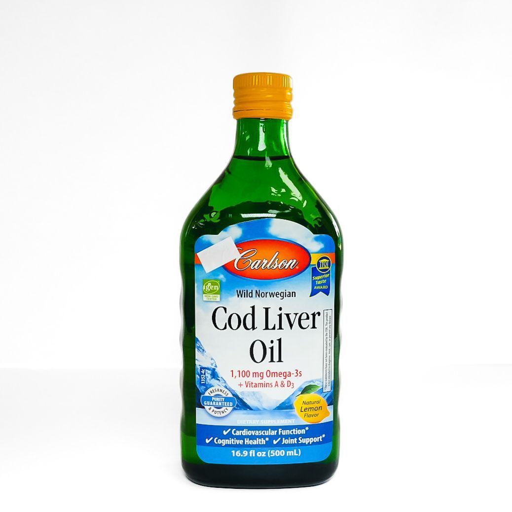 Bottle of Cod Liver Oil with green glass and blue label on a white background
