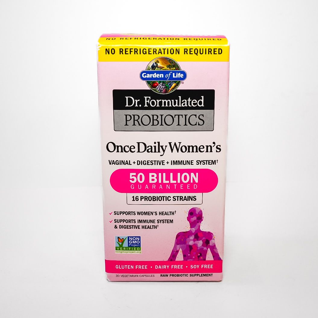Dr. Formulated Probiotics Once Daily Women’s supplement box, pink with 50 billion CFU label
