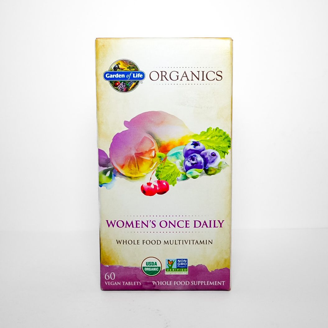Garden of Life Organics Women’s Once Daily multivitamin box with colorful fruit and flower graphics