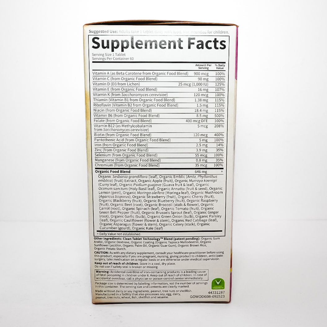 Garden of Life Organics Women’s Once Daily multivitamin box with colorful fruit and flower graphics
