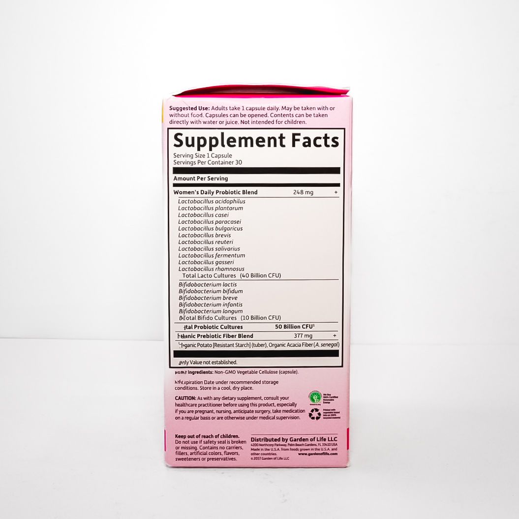 Dr. Formulated Probiotics Once Daily Women’s supplement box, pink with 50 billion CFU label