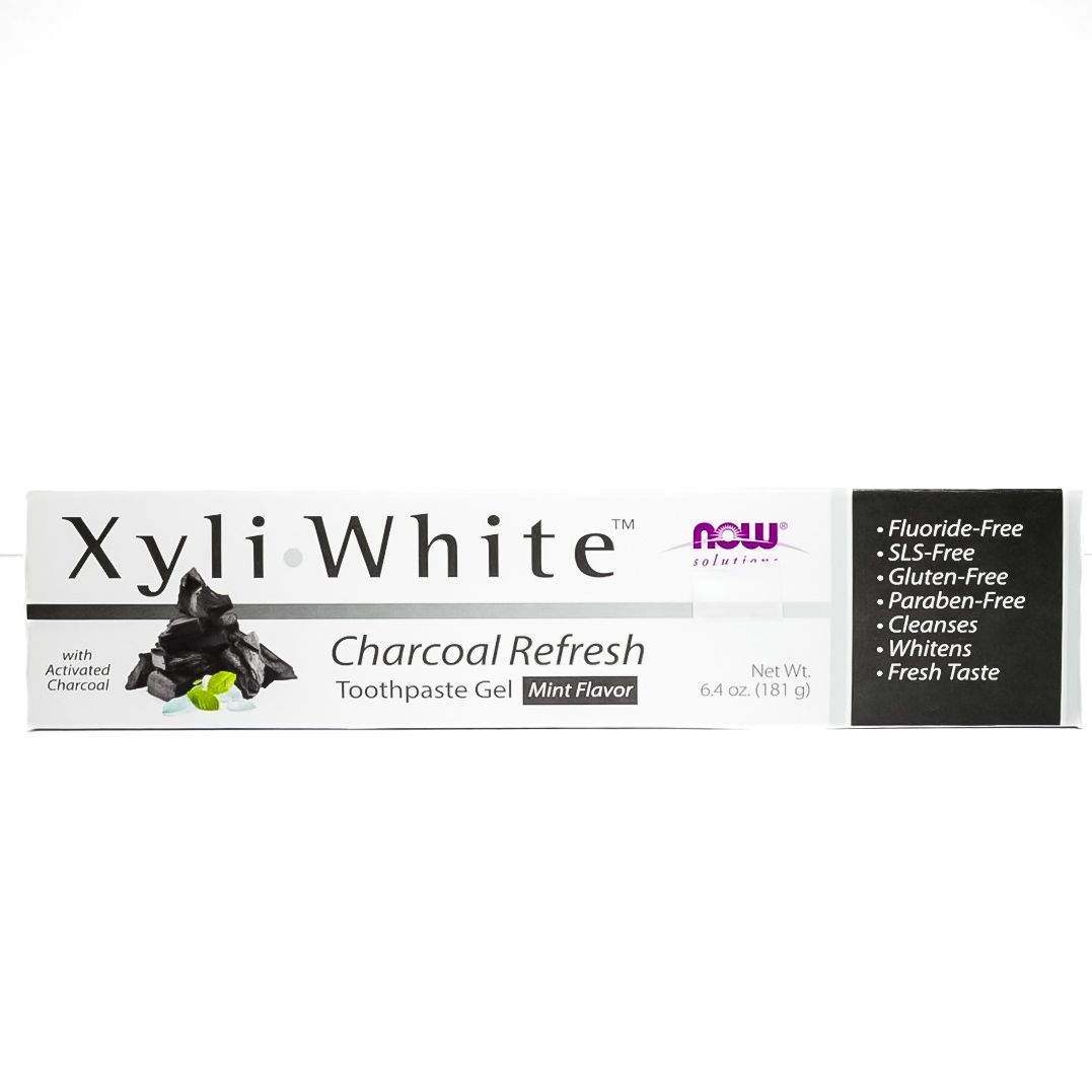 Xyli White Chocoal Refresh toothpaste box with a dark green ingredient/features panel on the right