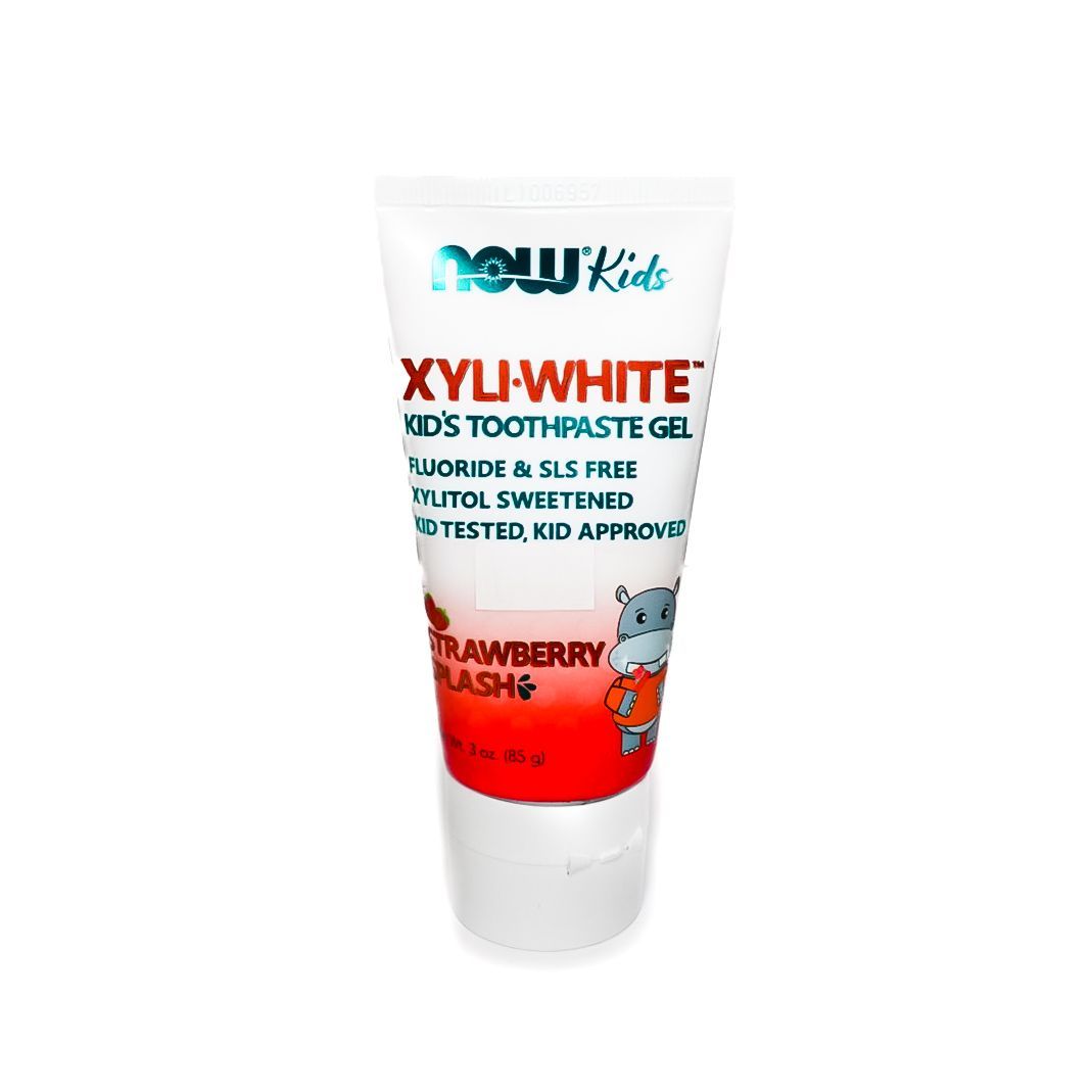 Nourish Kids Xyli-White toothpaste gel tube with strawberry flavor, white and red packaging