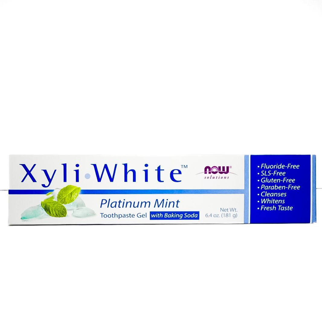 XyliWhite Platinum Mint toothpaste box with blue and white packaging and mint leaf graphic