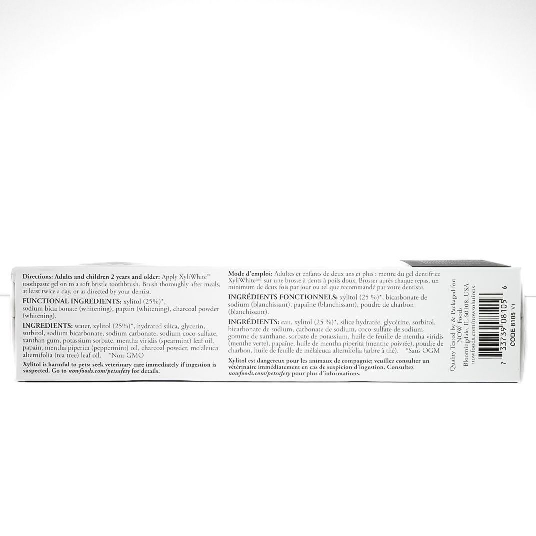 Xyli White Chocoal Refresh toothpaste box with a dark green ingredient/features panel on the right