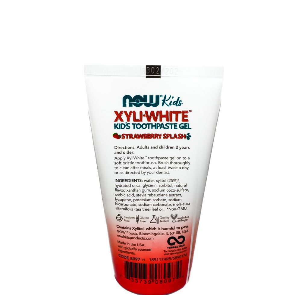 Nourish Kids Xyli-White toothpaste gel tube with strawberry flavor, white and red packaging