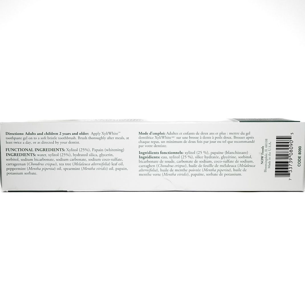 XyliWhite toothpaste box in white and green packaging with mint leaves.