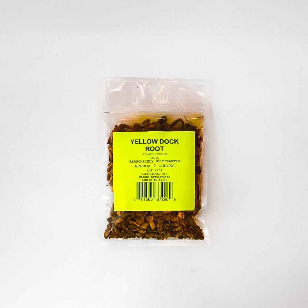 Clear bag of dried yellow dock root with bright yellow label on white background