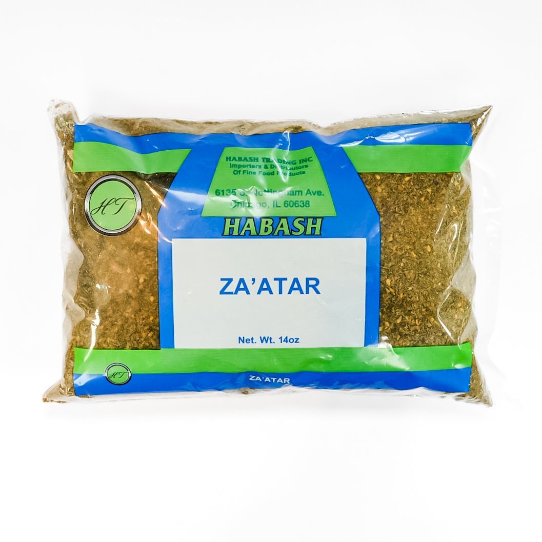 Clear plastic bag of Rabah za’atar seasoning with blue and green label