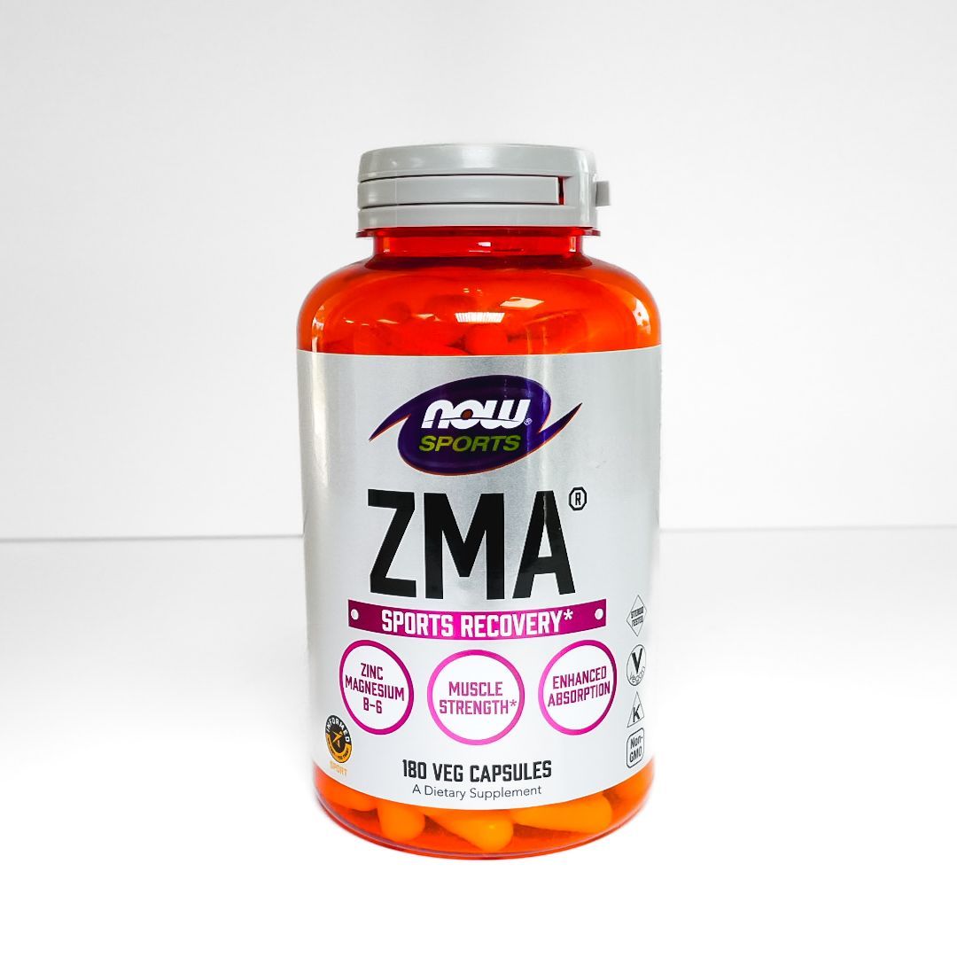 Orange bottle of NOW Sports ZMA dietary supplement on a white background