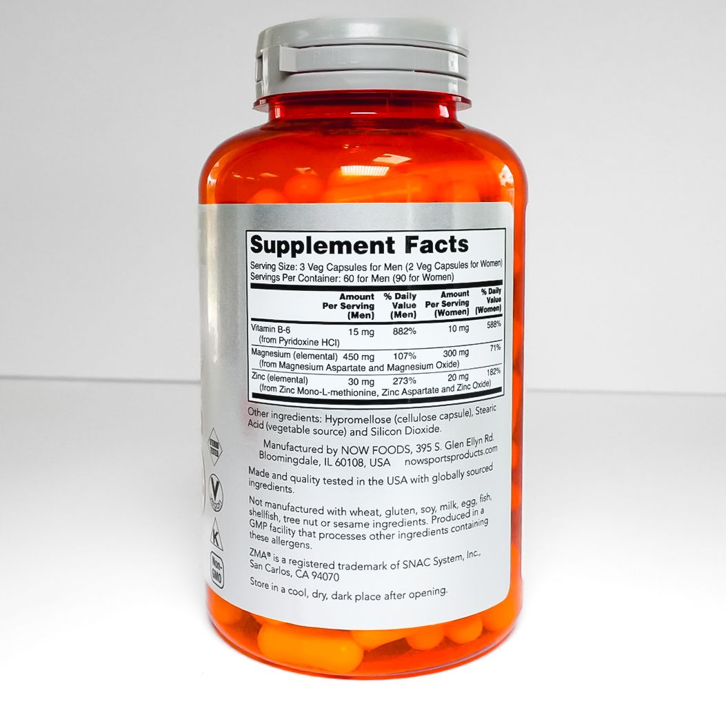 Orange bottle of NOW Sports ZMA dietary supplement on a white background