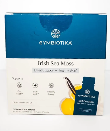 Cybiotika Irish Sea Moss supplement box, blue and white packaging with product bottle illustration