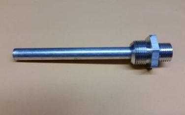 Metal threaded bolt with a long smooth shaft and hex nut on a beige background