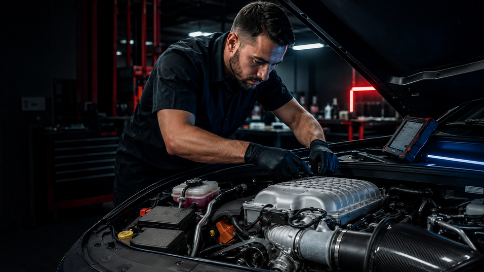 Mechanic working on a car engine in a dim garage, with a laptop and open hood