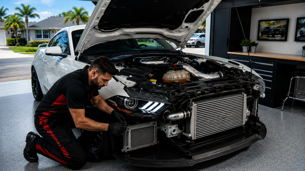 Mechanic kneels beside a black car, inspecting a glowing blue intercooler in a dark garage.