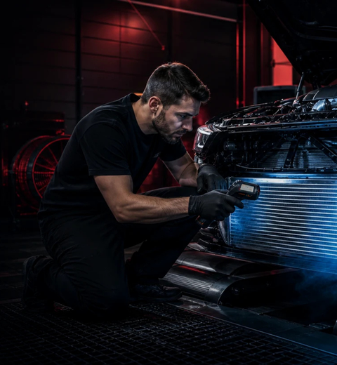 Mechanic using a tool on a car’s front grille in a dark, red-lit garage