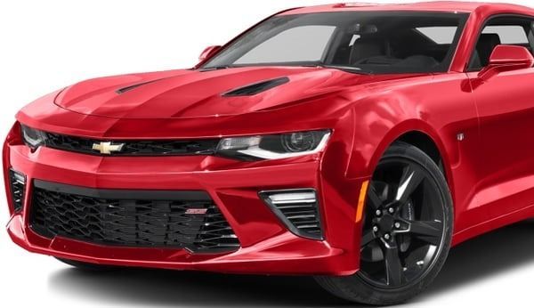 Red Chevrolet Camaro sports car, front view, in bright red with black grille and wheels.