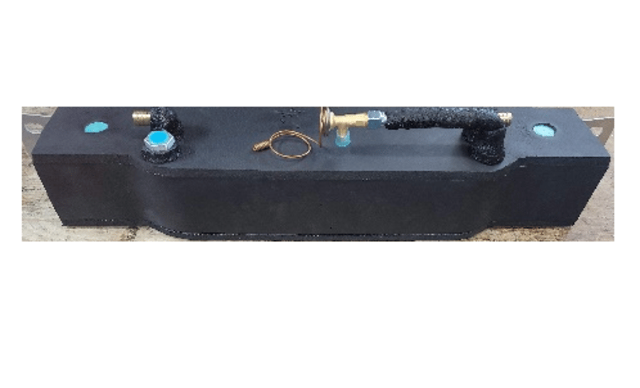 Black rectangular device with blue knobs, a key ring, and a black handle on top, shown against a white background