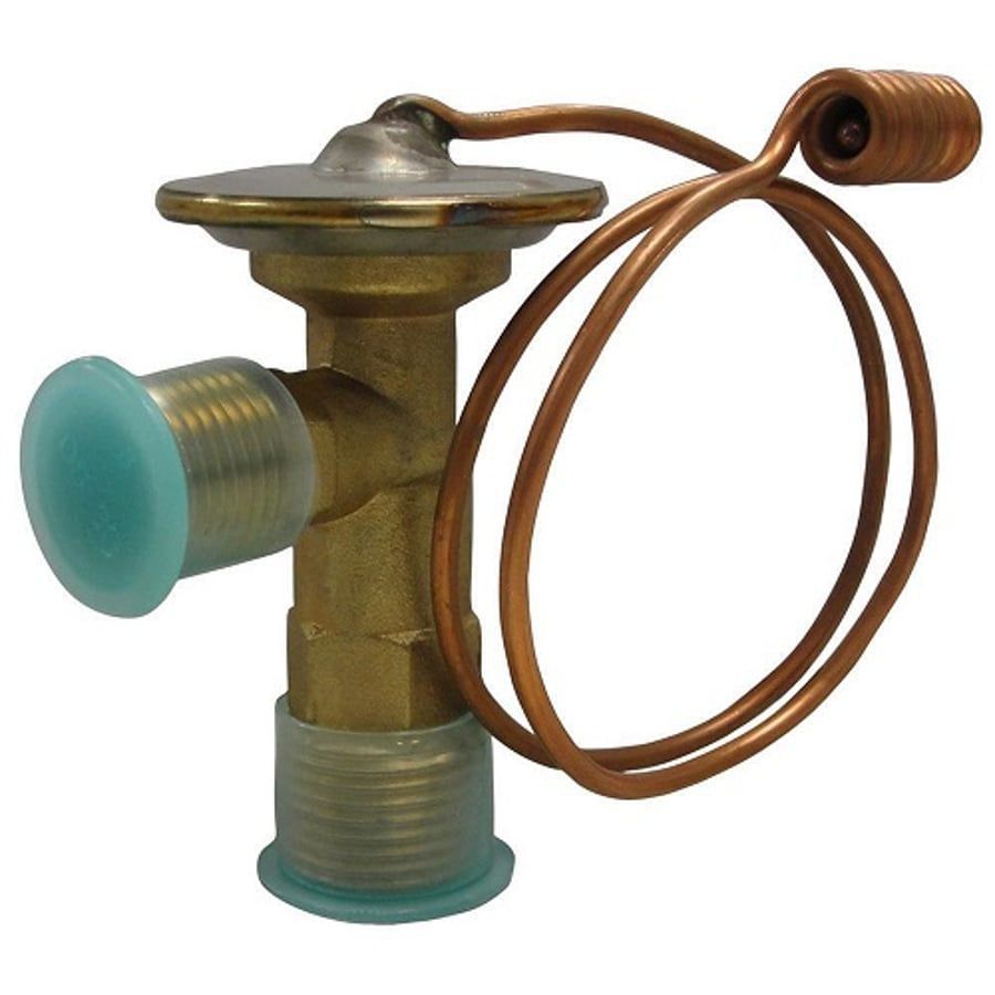 Brass thermostatic expansion valve with copper capillary tube and teal protective caps