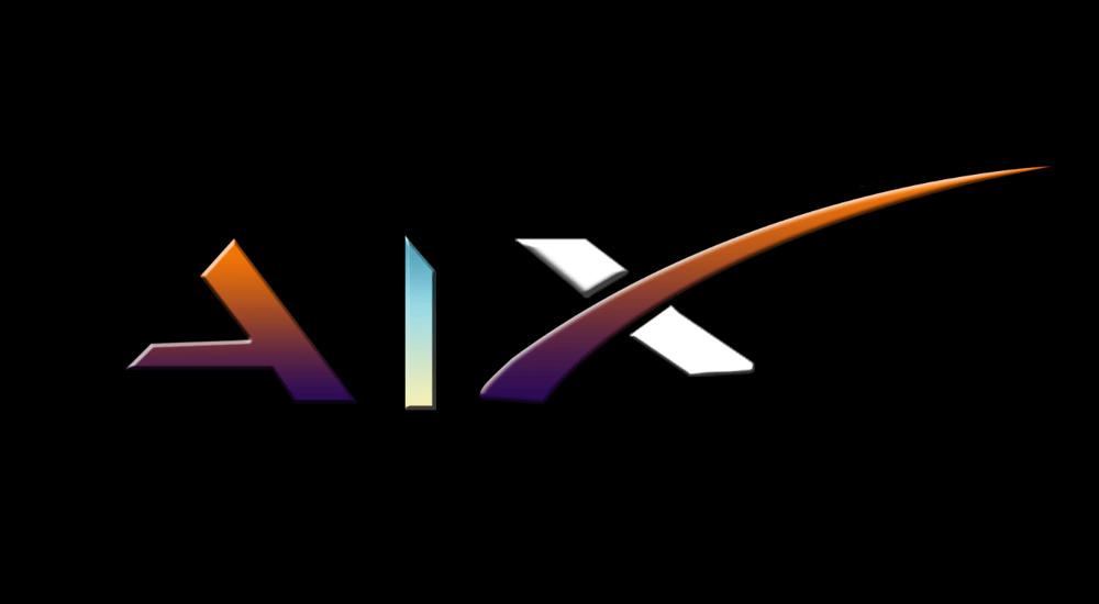 Stylized abstract logo in purple, orange, white, and black on a black background