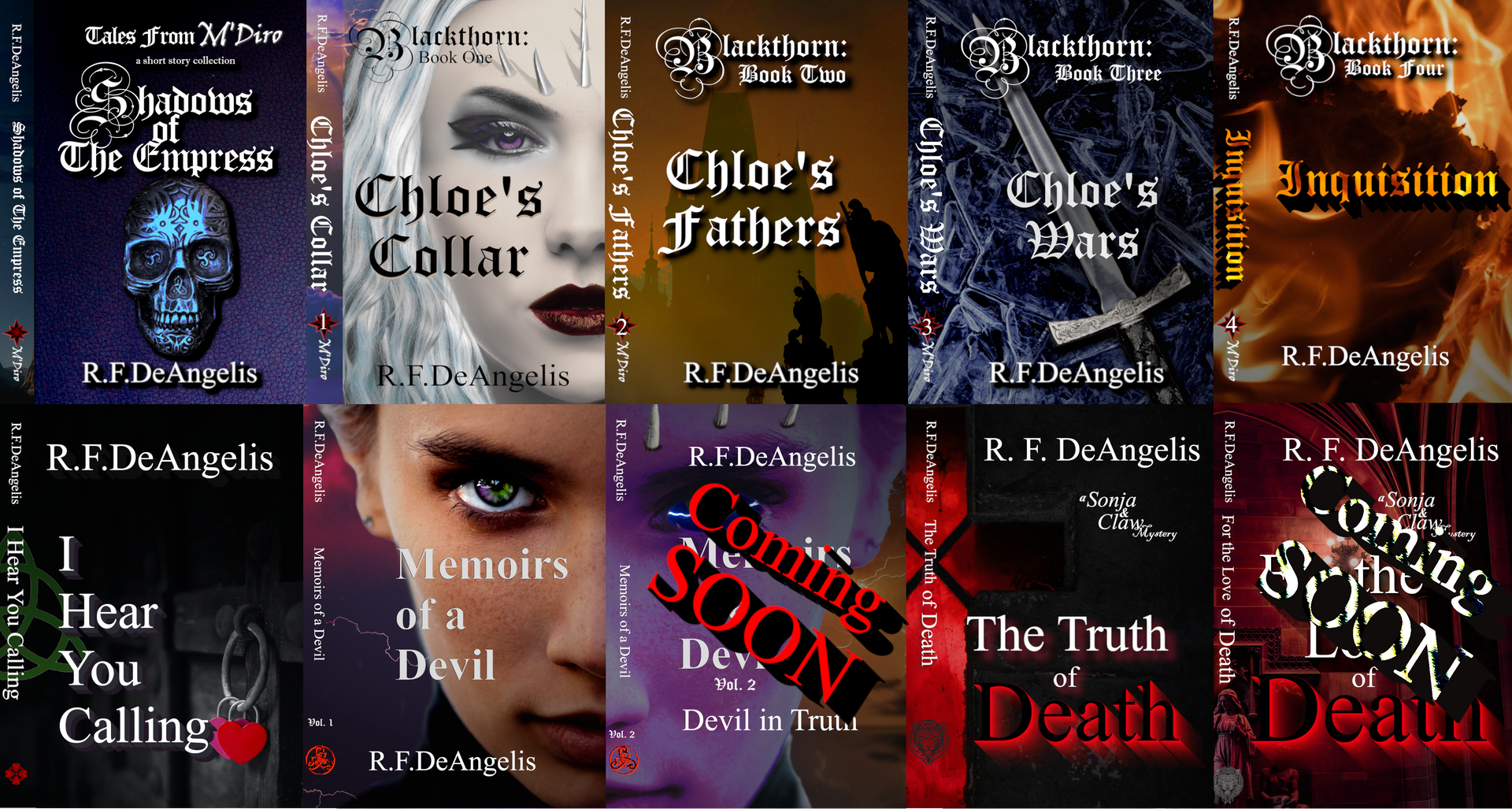 Book covers with titles: The Empress, Chloe's Collar, Chloe's Fathers, Chloe's Wave, Inquisition, etc.