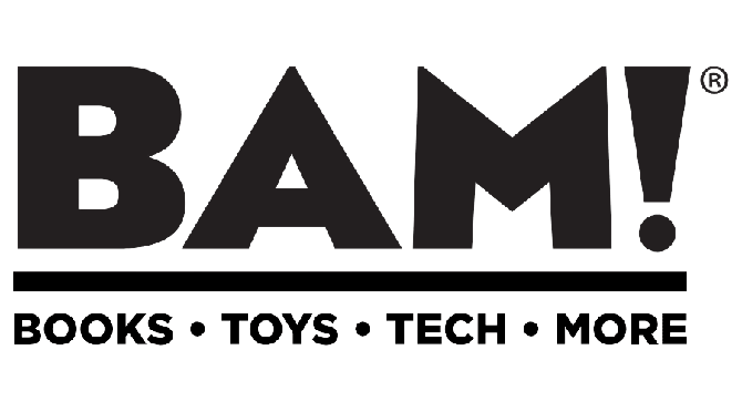 BAM! logo with black text: BAM! and Books, Toys, Tech, More below.