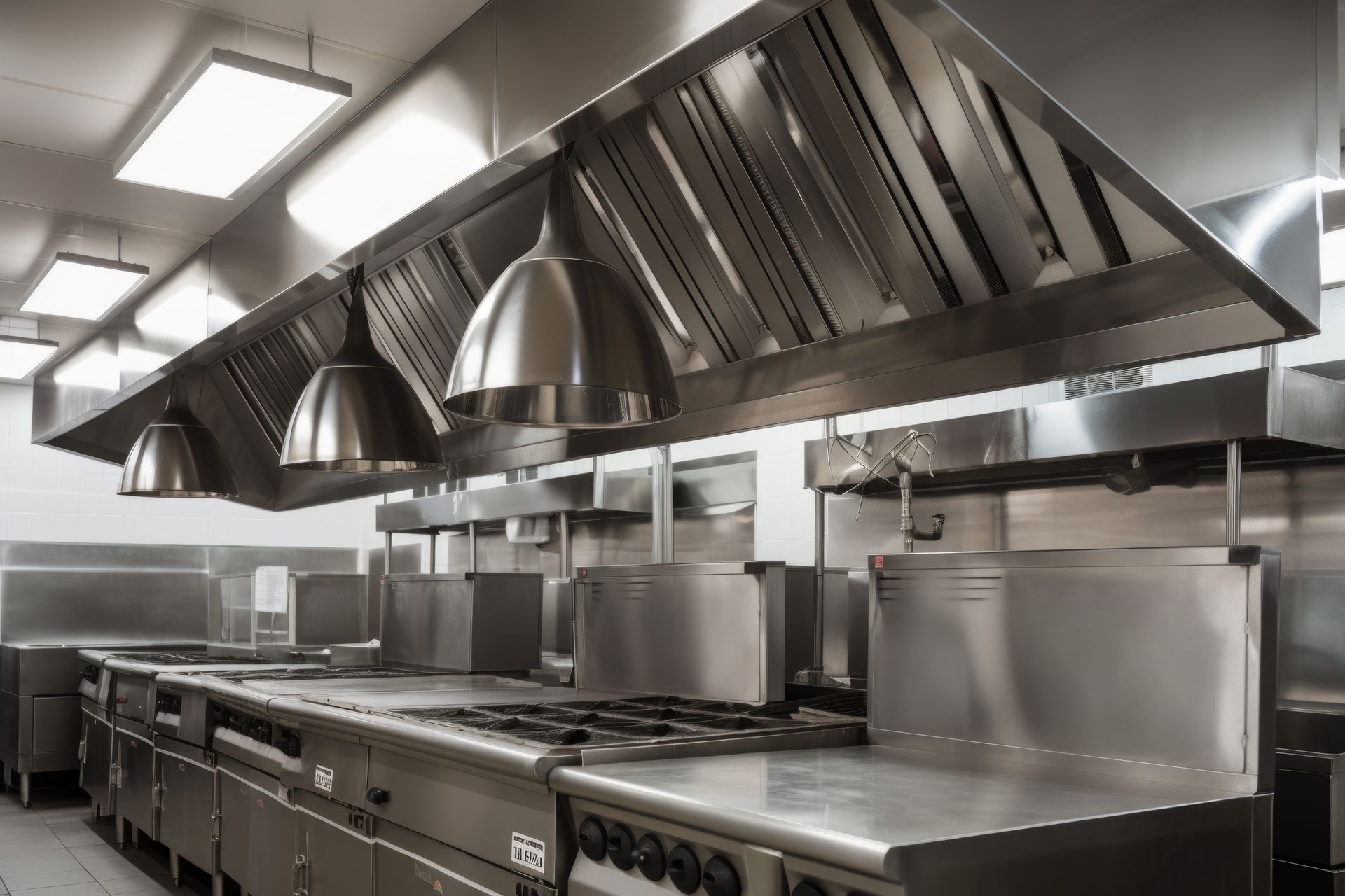 A kitchen with a lot of stainless steel appliances and a hood.