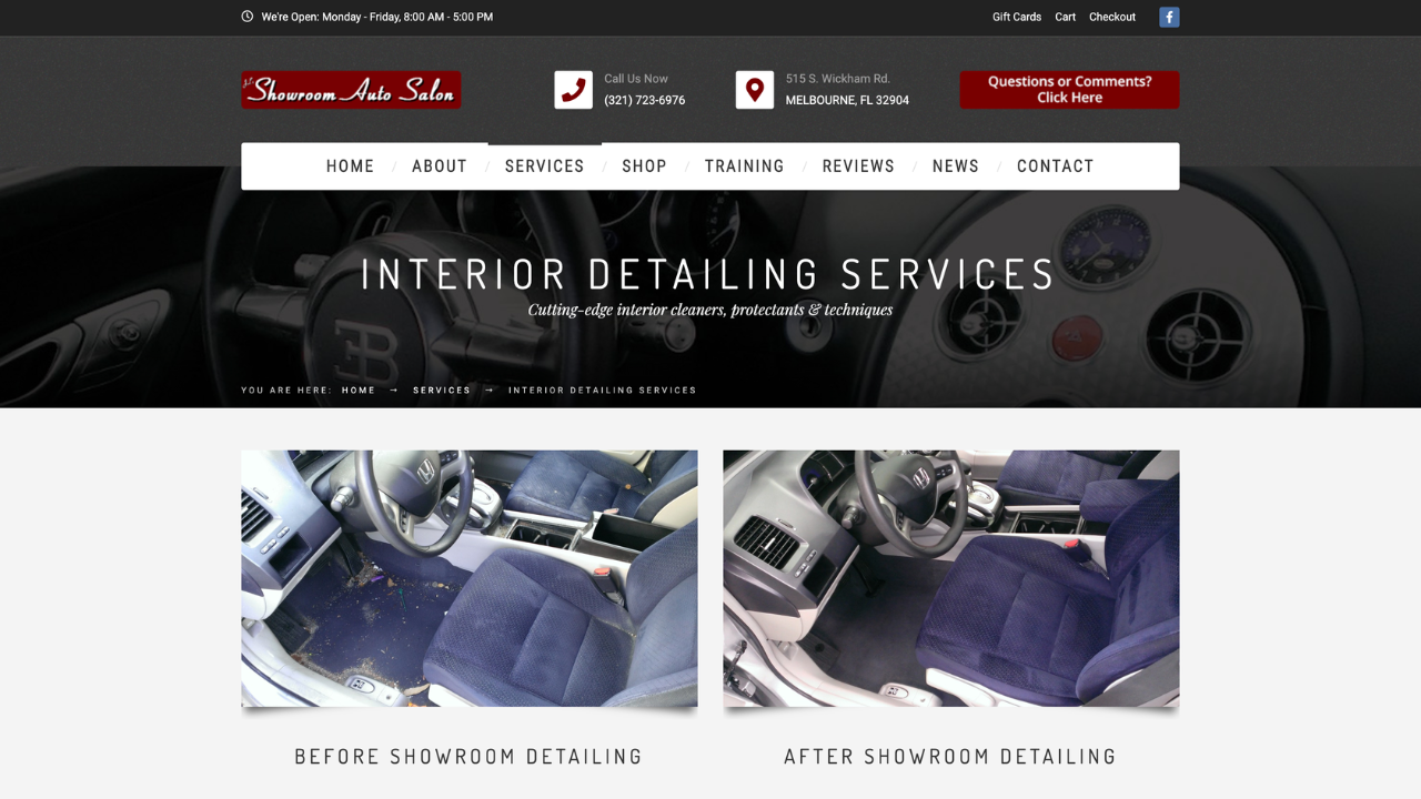 A screenshot of a website for interior detailing services