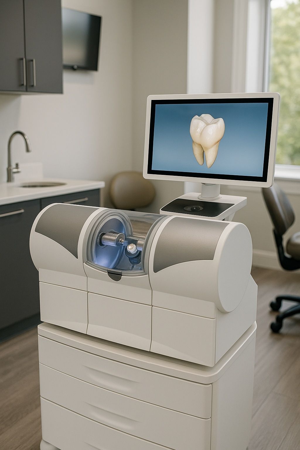A computer with a picture of a tooth on the screen is in a dental office.