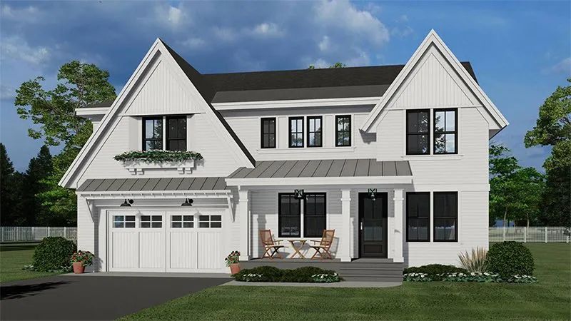 White two-story house with black accents and a gray roof. Two gabled peaks. Driveway, lawn, and trees.