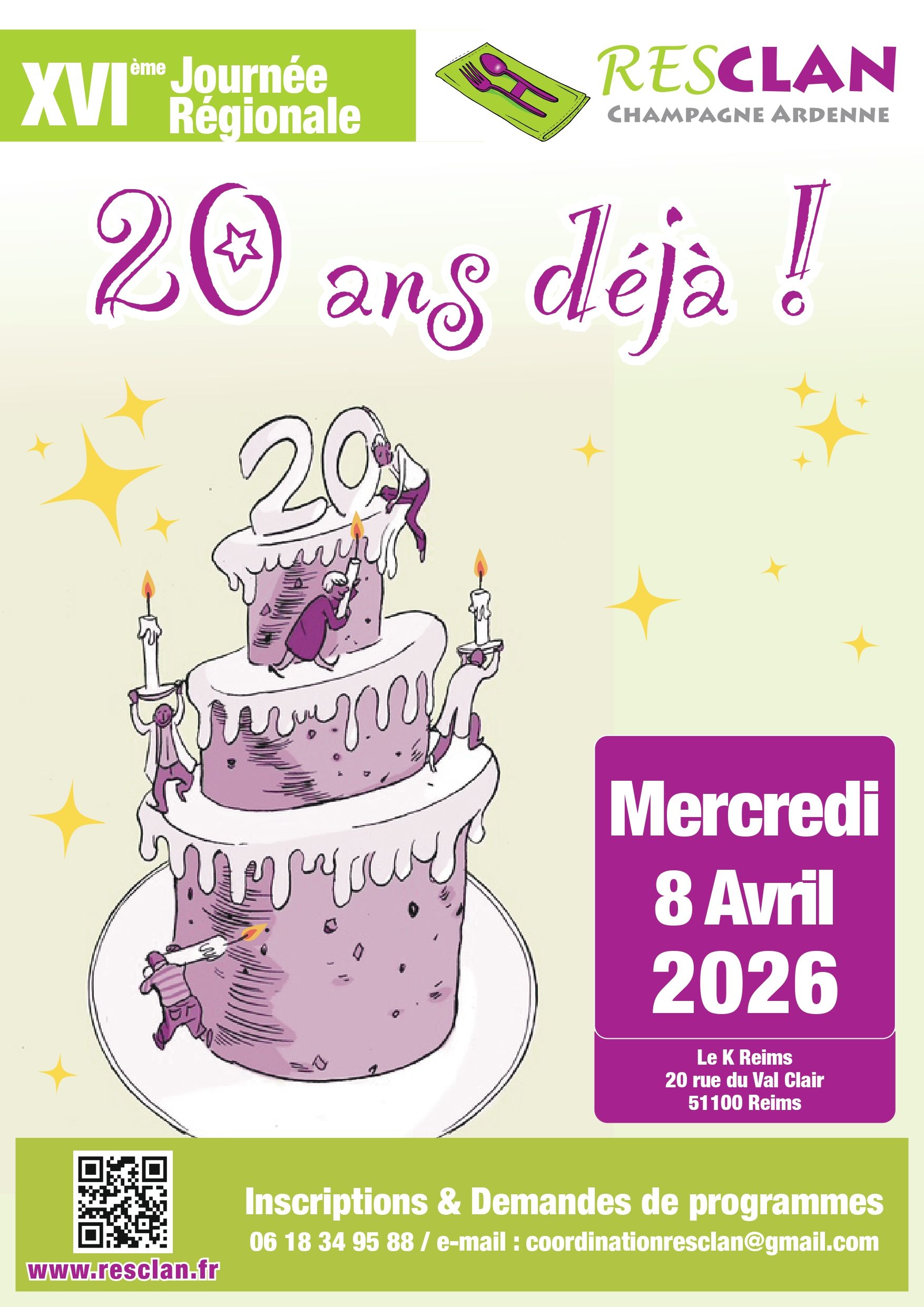 Affiche de l'événement pour la 16e Journée régionale de la Champagne Ardenne Resclan, qui fêtera ses 20 ans le mercredi 8 avril 2026 à Reims.
