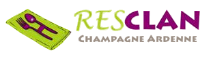 Logo pour RESCLAN Champagne Ardenne, représentant une serviette verte avec une cuillère et une fourchette violettes, et un texte violet/gris.