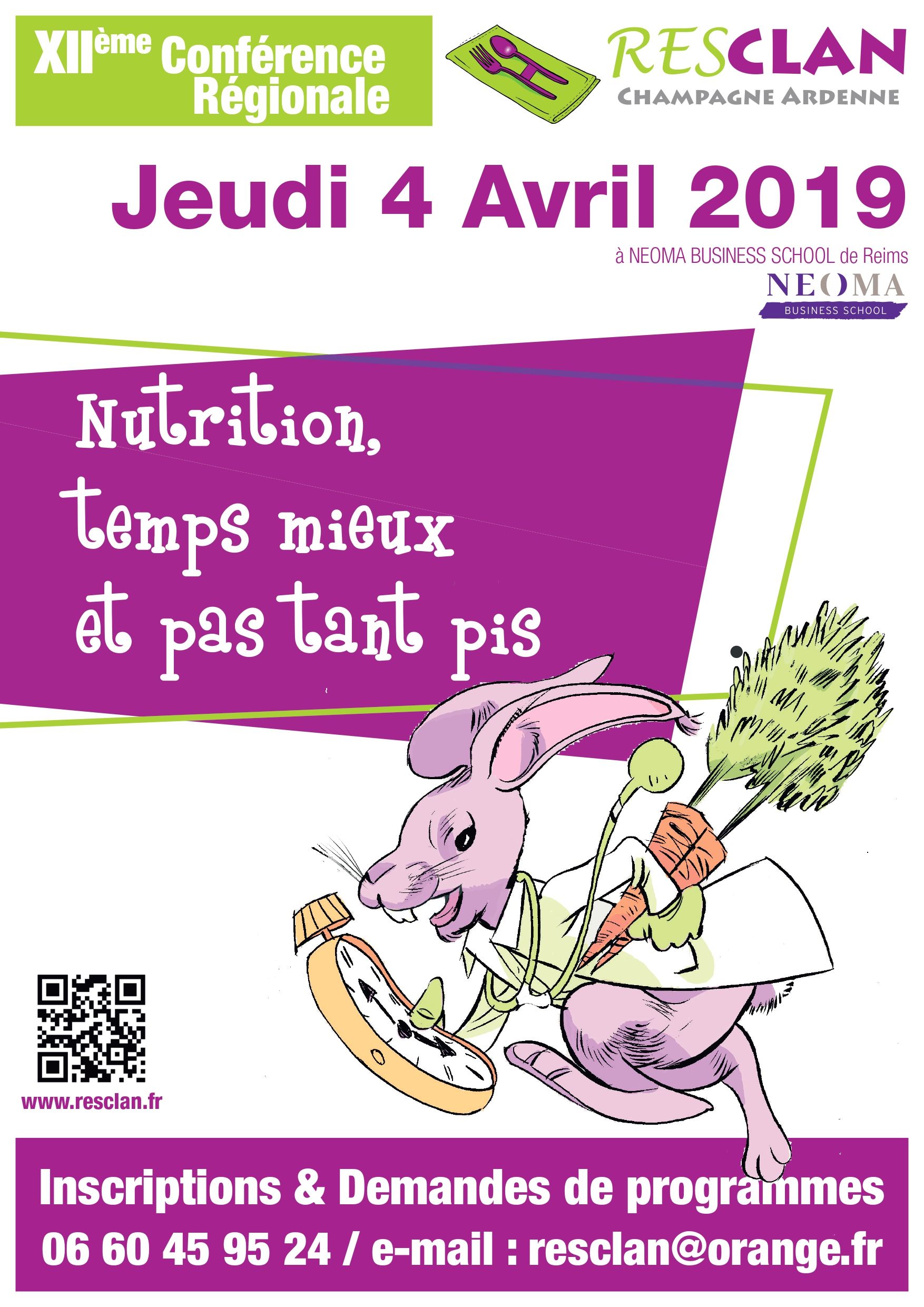 Un prospectus pour une conférence sur la nutrition de 2019, illustré par un lapin paniqué serrant contre lui une montre de poche et une brosse.