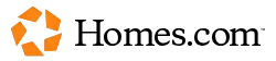 A logo for homes.com with an orange star on a white background.
