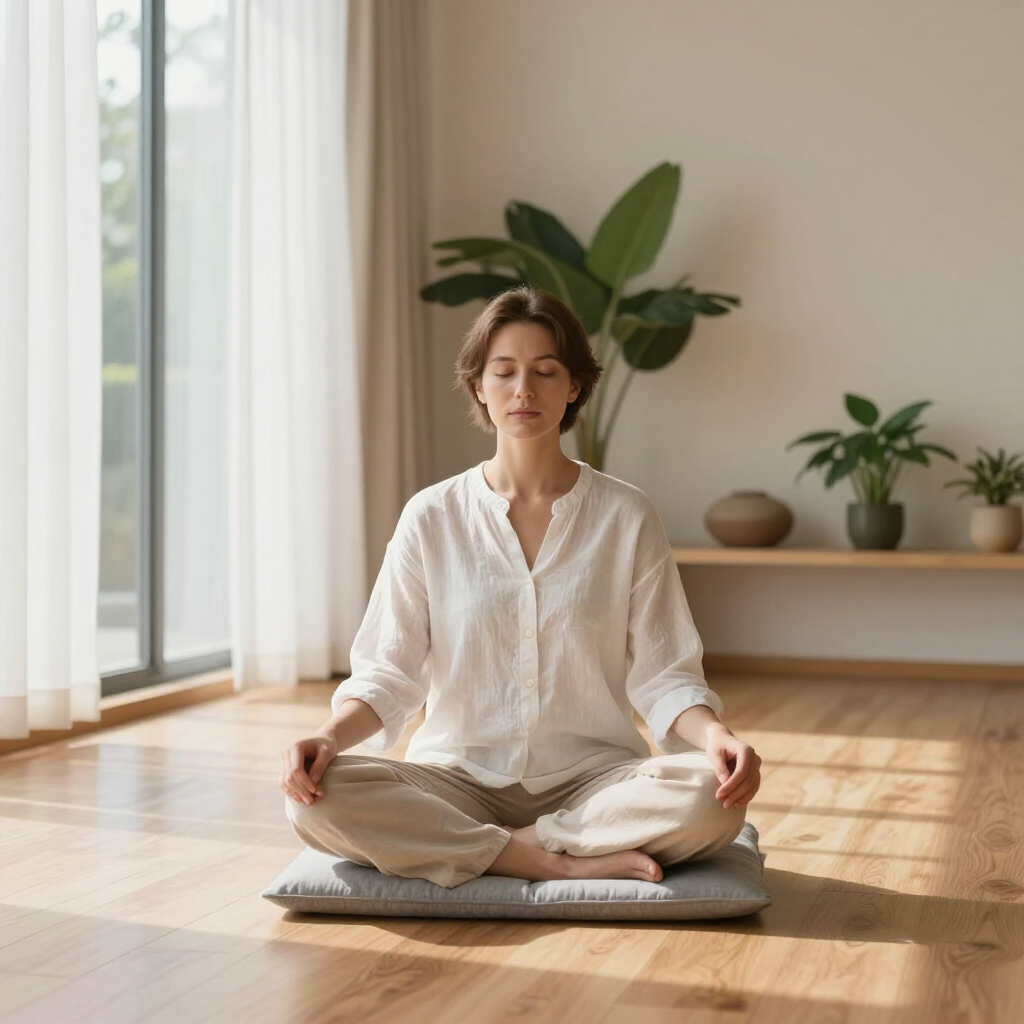 Person meditating cross-legged on a mat in a bright room with plants and sunlight