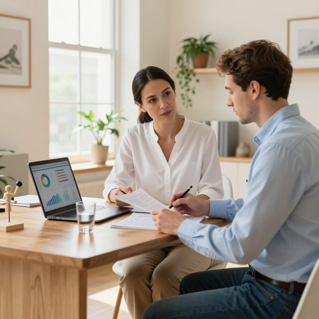 Two coworkers discussing documents at a desk with a laptop in a bright office
