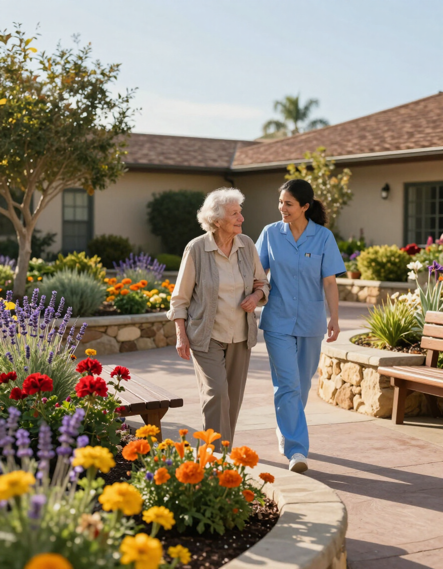Memory care garden courtyard in San Diego with caregiver and resident