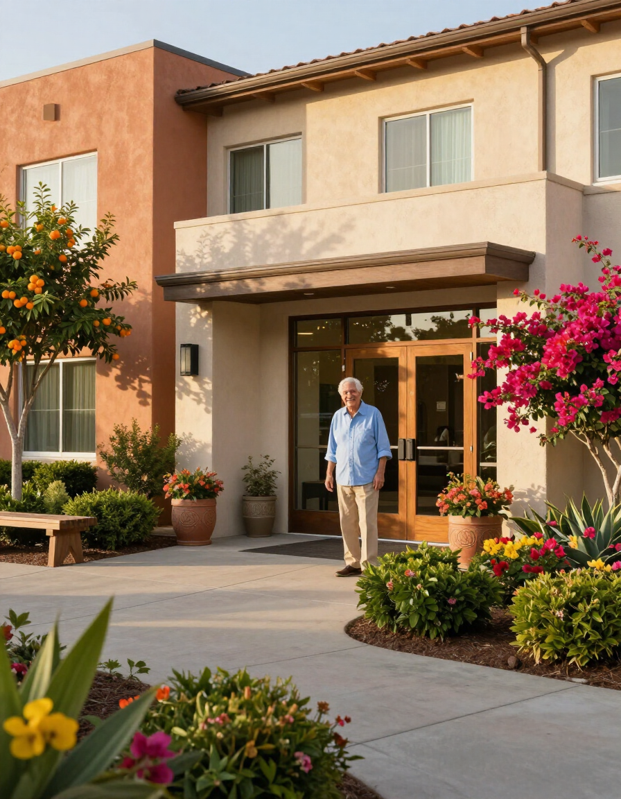 Welcoming assisted living community exterior in Orange County