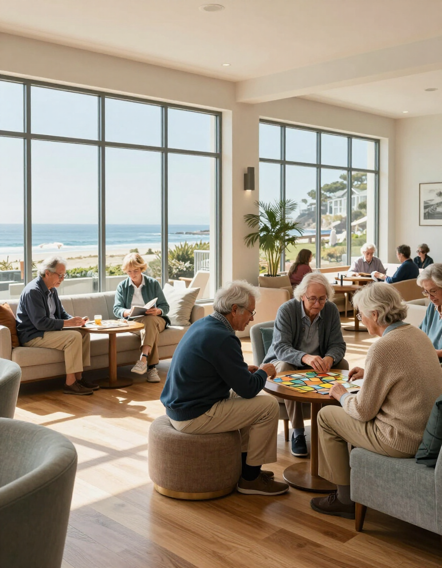 Warm senior living common area in Long Beach with seniors enjoying activities