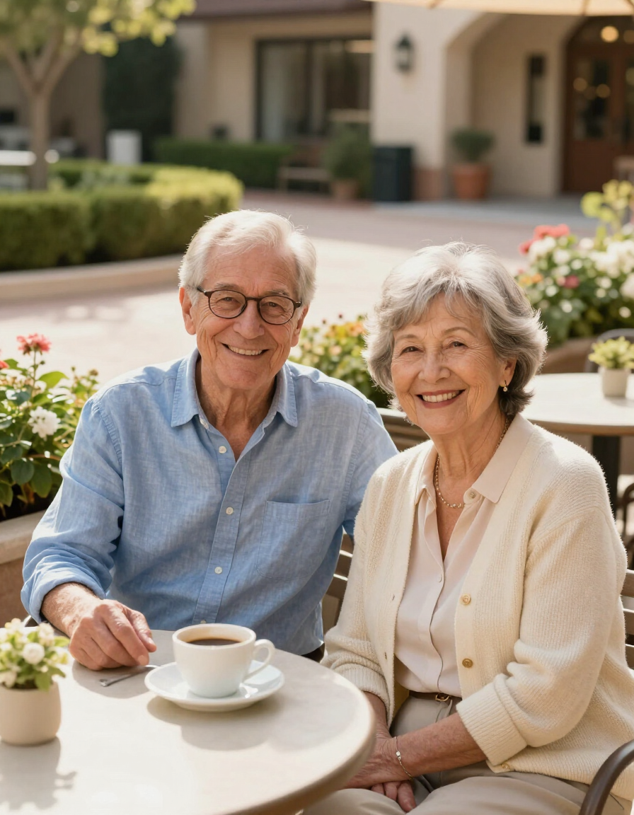 Two smiling older adults enjoying time together at an outdoor cafe in a senior living community courtyard