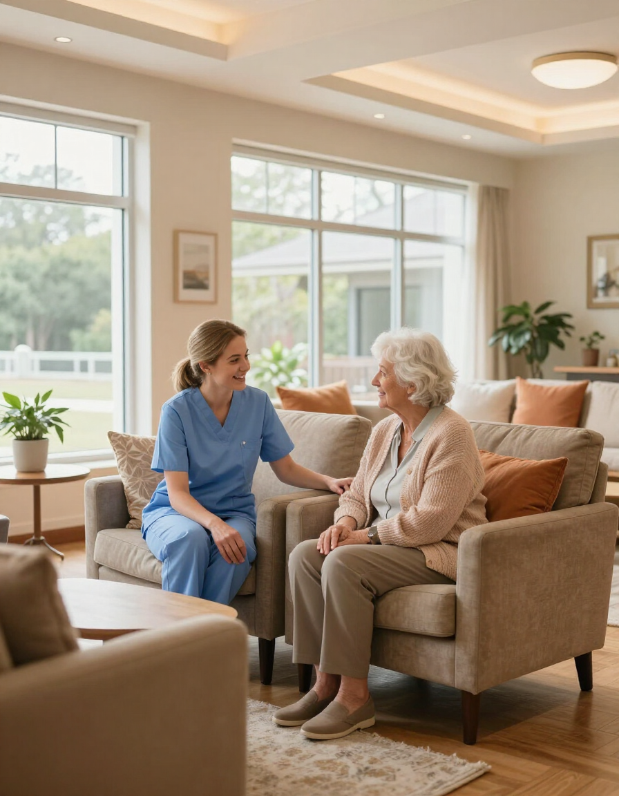 Warm assisted living community interior with caregiver and resident in friendly conversation