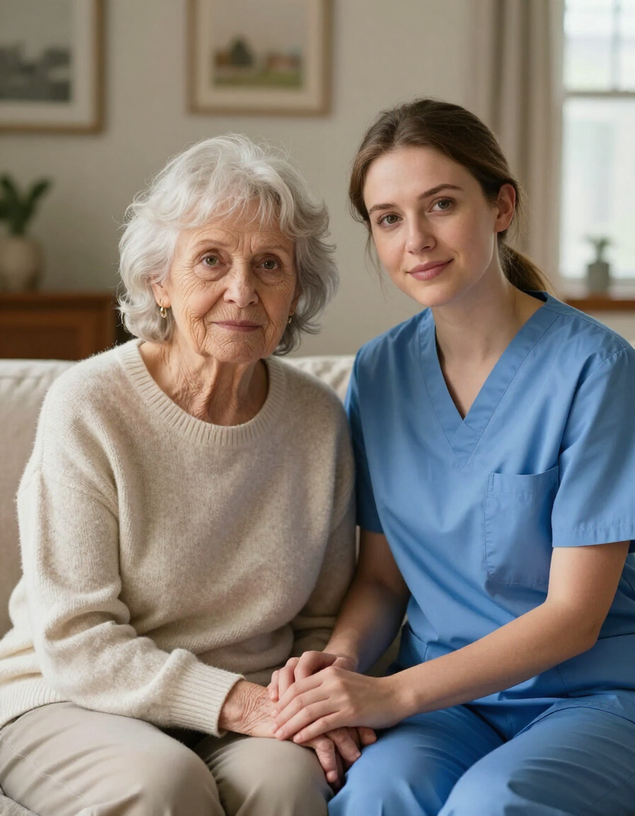 Compassionate caregiver gently holding hands with an elderly woman in a memory care room