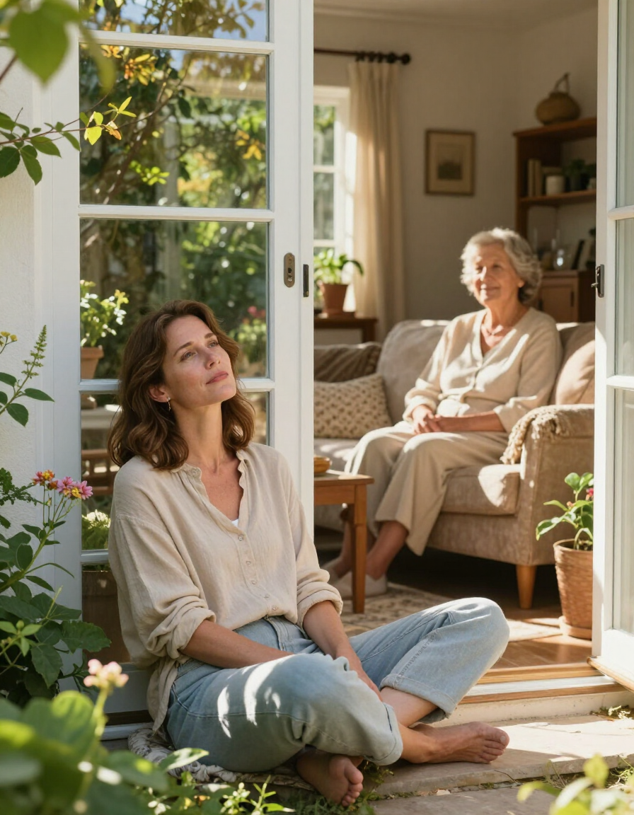 Relaxed adult daughter sitting outside in a garden while her elderly mother rests safely inside