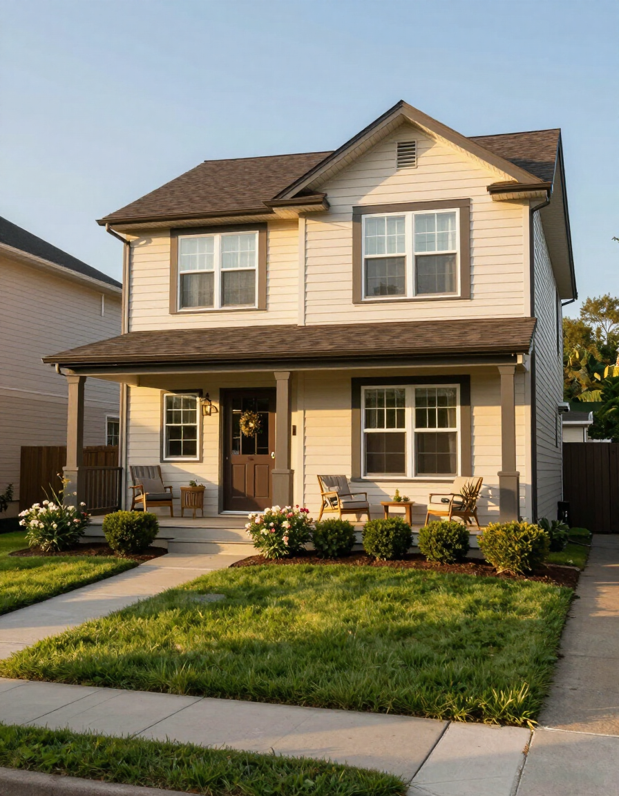 Welcoming exterior of a residential care home with fresh landscaping and a warm front porch