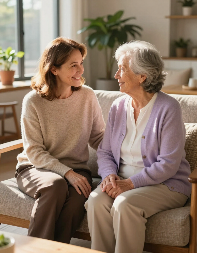Adult daughter and elderly mother smiling together in a bright senior living community