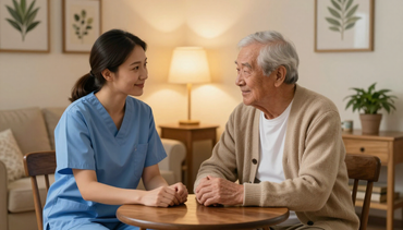 Memory care staff and resident in a calming activity room