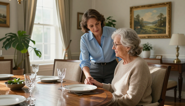 Caregiver assisting resident in assisted living dining room