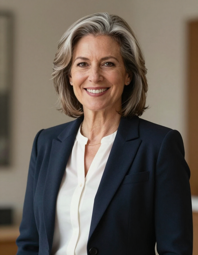 Smiling professional in a navy blazer and white blouse standing indoors