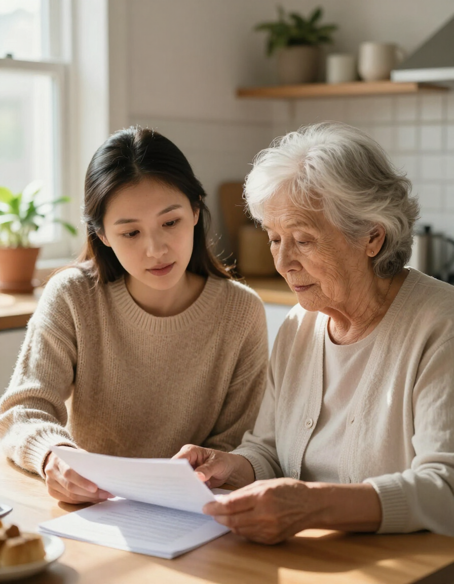 Adult daughter and elderly mother reviewing papers together at kitchen table