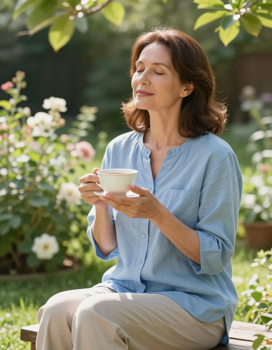 Caregiver woman resting peacefully in a sunlit garden with tea
